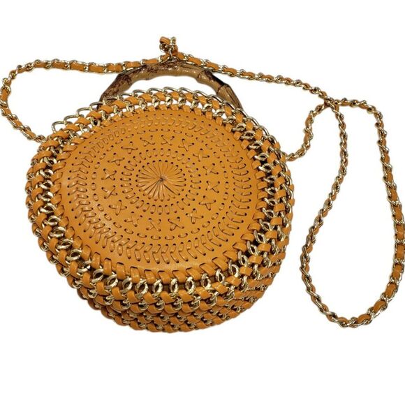 Beautiful Round Leather Satchel with Bamboo Handle and Chain for Crossbody - Picture 1 of 9